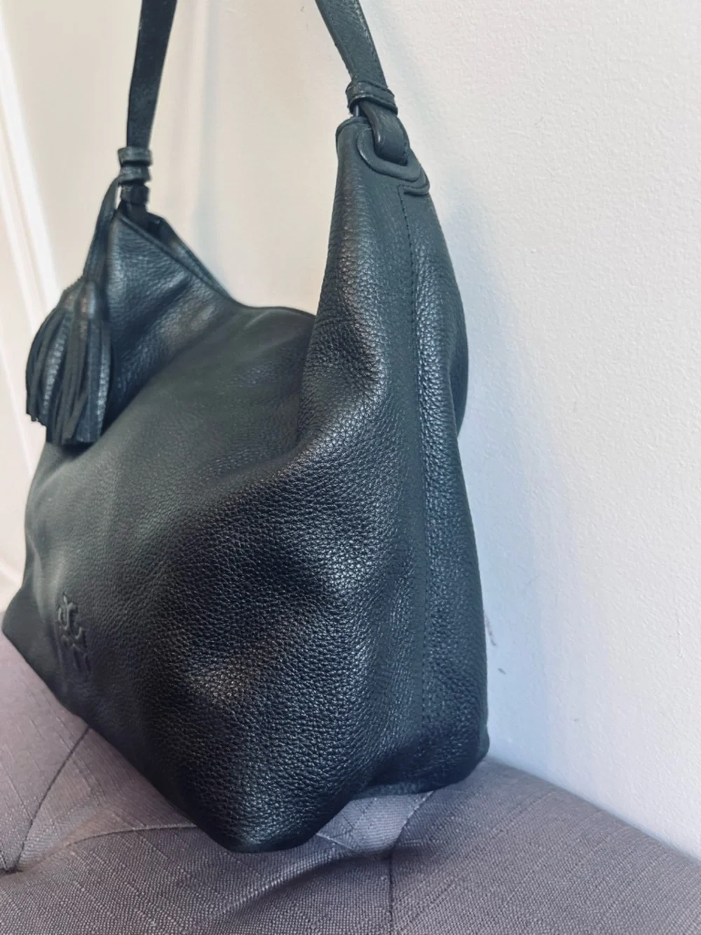 Tory Burch Thea Black Pebbled Leather Tassel Hobo Shoulder Bag!